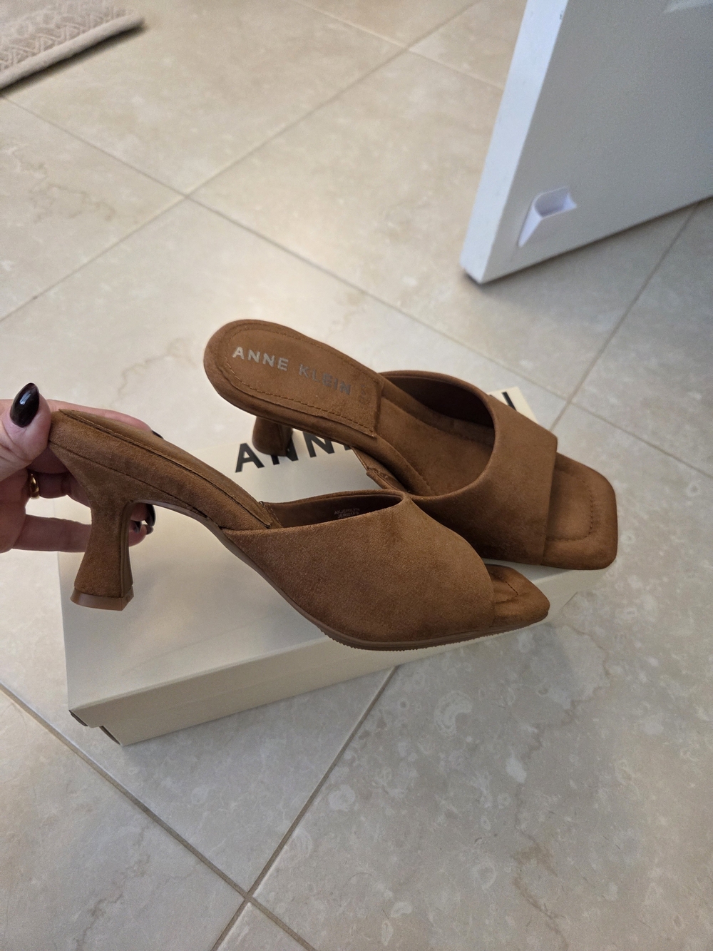 Anne Klein Jerilyn Women's Tan Hazelnut Suede Slide Sandals - Picture 2 of 6